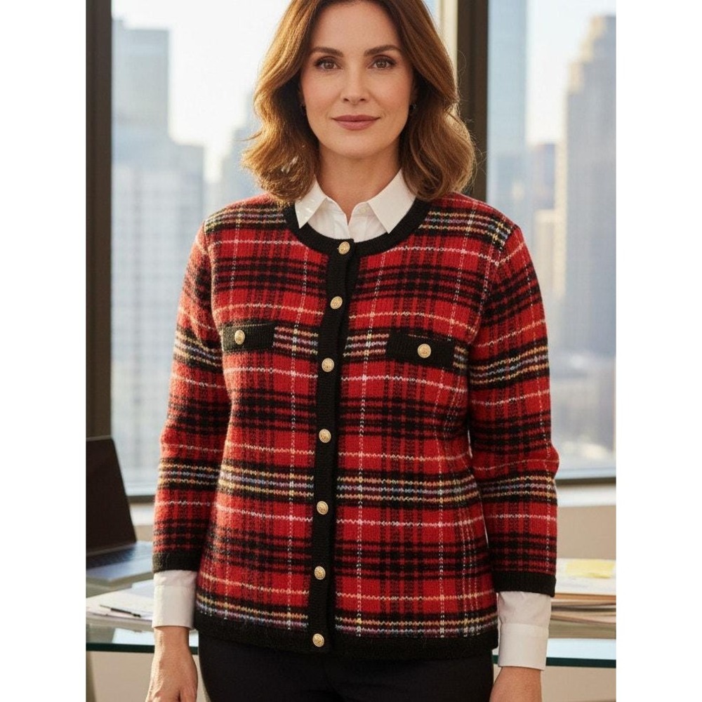 VTG Appleseeds Red Plaid Mohair Blend Cardigan Sweater Gold Button Jacket Large